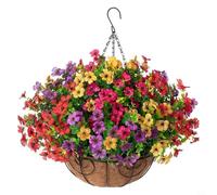 EffiFish Kit de panier suspendu de 25,4 cm avec fleurs violettes artificielles, panier en métal, doublure en coquille de noix de coco pour décoration d'intérieur ou d'extérieur (A)