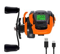 EffiFish Moulinet de pêche numérique avec alarme de morsure, compteur de profondeur, système de freinage magnétique, 7 + 1 roulements 7.2:1 (orange main gauche)