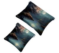 Effortless Glam: Beautiful Scenery Under The Moon 4 Trousse de maquillage étanche - Pochette portable pour femme, multicolore, A:7.1x5.8in/18x14.8cm,B:4.7x4.5in/12x11.5cm