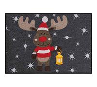 Efia Salonloewe sld1489-050x075 Paillasson lavable, motif: Noël Renne Rudi, gris anthracite, 50 x 75 cm, tapis d´entrée intérieur et extérieur