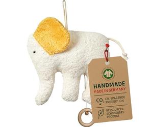 Efie Boîte à musique bio éléphant - Fabriquée à la main en Allemagne - 100 % coton (kbA), garnissage en laine vierge (kbT) - Certifié GOTS - Durable - Melodie Mozart (endormi mon prince s'endorme)
