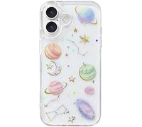 Efitoo Coque transparente à paillettes pour iPhone 16 Plus avec motif planète mignonne et féminine, esthétique, scintillante, étoiles, lune, en TPU souple, kawaii (thème de l'espace)