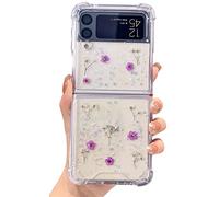 Efitoo Coque transparente pour Samsung Galaxy Z Flip 4 5G - Avec motif fleur pressée à paillettes mignonnes - En TPU et PC - Esthétique - Pour femmes et filles - Violet (fleur violet)