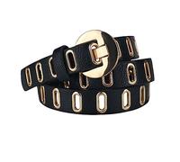 EFLAL 100-120cm Ceinture fine en cuir motif litchi pour femme, ceinture décontractée réglable avec décoration à œillets dorés, Noir