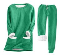 EflAl Ensemble de pyjama d'hiver en polaire chaude 2 pièces pour femme, ensemble de pyjama grande taille, sweatshirts et pantalons de survêtement pelucheux, Vert haricot., M