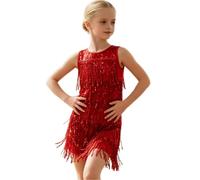 EFLALYHG Robe de Danse à Franges et Paillettes pour Filles Costume de Danse cha-cha-Jazz Robe Latine à Pompons Tenue de scène vêtements de Danse de Salon,Rouge,150