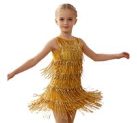 EFLALYHG Robe de Danse à Franges et Paillettes pour Filles Costume de Danse cha-cha-Jazz Robe Latine à Pompons Tenue de scène vêtements de Danse de Salon,d'or,150