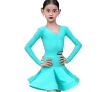 EFLALYHG Robe de Danse Latine à Manches Longues pour Fille, idéale pour Le Tango, Le cha-cha et la Samba Tenue de compétition pour Enfants,Bleu,160