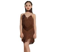 EFLALYHG Robe de Danse Latine pour Fille, Jupe à Franges, Ensemble de Costumes pour compétition de Tango et Salsa/Spectacle de Salon,café,150