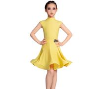 EFLALYHG Robe de Danse Latine pour Filles, Tenue de Performance sans Manches, Fendue, pour Salle de Bal, Salsa, Tango, Jazz, compétition,Jaune,120
