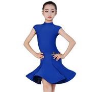 EFLALYHG Robe de Danse pour Fille, sans Manches, col roulé, Tenue de compétition de Danse de Salon Rumba cha-cha Samba,Bleu,170