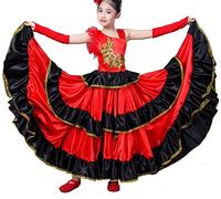 EFLALYHG Robe de Flamenco espagnole pour Filles, Jupe de Danse de Corrida espagnole, Longue Robe de Flamenco pour Filles, Jupe de Concours de Salle de Bal,720°,120