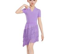 EFLALYHG Robe Latine à Franges pour Filles, Tenue de Danse de Salon pour Enfants Salsa Tango soirées dansantes,Violet,170
