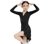 EFLALYHG Robe Latine à Franges pour Filles, Tenue de Danse de Salon pour Enfants Salsa Tango soirées dansantes,Noir,140