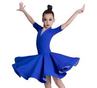 EFLALYHG Royal Blue,140, Robe de Danse Latine à Manches Moyennes pour Fille, Jupe trapèze pour Danse de Salon, Grande Taille, pour Costume de Danse Salsa Rumba Cha Cha Samba Tango