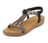 EFLALYHG Sandales Plates pour Femmes, Style bohème, Perles, Bride arrière élastique Sandales compensées Confortables Bout Ouvert Sandales Romaines,Noir,35 EU