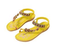 EFLALYHG Sandales Plates pour Femmes, Tongs d'été décontractées Style bohème, lanières perlées et Strass, Sandales de Plage à Pince,Jaune,40 EU