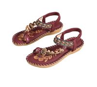 EFLALYHG Sandales Plates pour Femmes, Tongs d'été décontractées Style bohème, lanières perlées et Strass, Sandales de Plage à Pince,Marron,41 EU