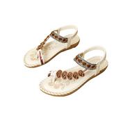 EFLALYHG Sandales Plates pour Femmes, Tongs d'été décontractées Style bohème, lanières perlées et Strass, Sandales de Plage à Pince,Beige,37 EU