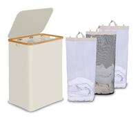 efluky Panier à linge avec couvercle, trio panier à linge avec 2 sacs amovibles, bac à linge 3 pièces avec poignées en bambou pour salle de bain, chambre à coucher et buanderie, 160 L, beige