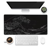 Eflxamz Sous-main noir motif vagues de mer japonaises, grand tapis de souris de jeu pour bureau, grand tapis de souris pour clavier d'ordinateur étendu, base antidérapante et bords cousus, 90 x 40 cm