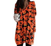 EFOFEI Dame Drôle Imprimé Long Tunique Imprimer Pull avec Poches Long Ourlet Fête Chemisier Orange Chauve-Souris L