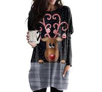 EFOFEI Femme Chemise Imprimé Lapin Mignon Robe Chemise Imprimée à Manches Longues Sweatshirt à Col Ras du Cou Et Coupe Ample Wapiti Noir Gris XL