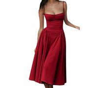 EFOFEI Femme Été Plage Swing Cami Robe à Bretelles Spaghetti Robe Sun Robe sans Manches Corset Fit Robe Midi Rouge M
