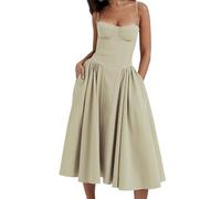 EFOFEI Femme Fluide Ourlet Plissé Robe De Bal sans Manches Corset Fit Robe Midi Été Plage Swing Robe Caméléon Vert Café S