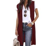 EFOFEI Femme Gilet Long Léger Blazer Uni Gilet Long sans Manches Manteau Gilet Cardigan sans Manches Bourgogne S