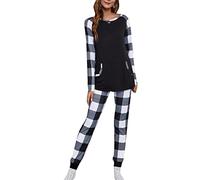 EFOFEI Femme Manches Longues Lounge Wear Sets Joyeux Noël Pyjama Set Ultra Soft Top Checked PJs Bottoms Plaid Noir Blanc XS