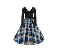 EFOFEI Femme Robe à Carreaux à Col Rond Vintage Robes Impression Polka Dot Imprimé Robe Pin Up Imprimée à Pois Bleu S