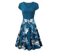 EFOFEI Femme Robe d'Été De Vacances à La Plage Robes Plissées à Manches Courtes Robes Vintage Années 1950 Fleuri Bleu Clair XXL