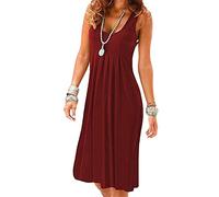 EFOFEI Femme Robe Plissée Décontractée Robe De Vacances Au Genou Robes d'Été Chics Robes Évasée Empire Vin Rouge L