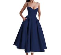 EFOFEI Femme Robe Plissée Été V-Cou Robe Halter avec Poche Maille Swing Bleu Marine M