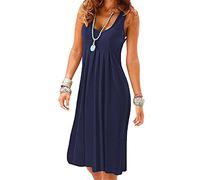 EFOFEI Femme Robes Évasée Empire Robe Simple Et Confortable Robes De Plage Respirantes Robe De Plage à Col Rond Navy Bleu XS