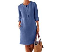EFOFEI Femmes Boutonnée vers Le Bas Vintage Robe Unie Col Rond Robes Élégante Manches Longues Robe D'été Bleu Royal 3XL