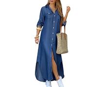 EFOFEI Femmes Lâches Chemise Robe Imprimé Manches Roulées Robe en Jean Mousseline De Soie Longue Denim Bleu L
