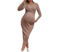 EFOFEI Femmes Robes Décontractées Confortables Longues Manches Maternité Grossesse Midi Tricot Côte Noeud Twist Marron XS