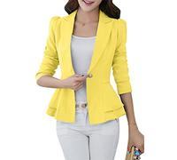 EFOFEI Femmes's Solid Color Office Cardigan Open Front Work Loose Blazer Lantern Sleeve Suit Manches Longues Ruffle Hem Jacket Jaune L