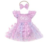 EFOGEP BéBé Fille Tenue D’Anniversaire Manches Flutter Smocked Tulle Tutu Barboteuse Robe avec Bandeau Bowknot Nouveau-Né GâTeau BéBé Smash Photo Shoot VêTements D’éTé Violet 9-12 Mois