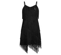 EFOGEP Enfants Filles Latin Pompon Robe Scintillante Paillettes sans Manches Vintage Robes De Frange en Couches FêTe De Bal Cha Cha Jazz Ballet Danse 1920 Performance Costume Noir 11-12 Ans