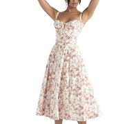 EFOGEP Robe Corset Florale pour Femme, Style bohème Estival, avec Bretelles Spaghetti, col carré, Robe mi-Longue décontractée, Robe Bustier Fluide Fendue, Taille XS