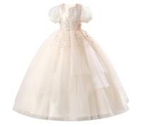 EFOGEP Robe de demoiselle d'honneur en dentelle florale - Manches courtes en tulle - Tutu - Robe de princesse pour enfant fille - Mariage - Communion - Fête - Robe de bal maxi - 5-11 ans, beige, 5-6