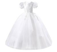 EFOGEP Robe de demoiselle d'honneur en dentelle florale - Manches courtes en tulle - Tutu - Robe de princesse - Pour fille - Mariage - Communion - Fête - Robe de bal longue - 5-11 ans, Blanc., 5-6 ans
