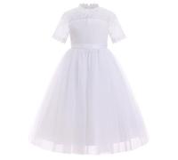 EFOGEP Robe de princesse en dentelle à manches courtes et col rond en tulle pour fille - Pour anniversaire, demoiselle d'honneur, mariage, concours de beauté, première communion, blanc, 7-8 ans