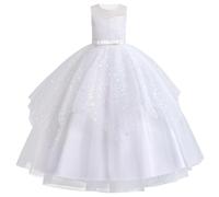 EFOGEP Robe de princesse sans manches en dentelle avec tutu - Col rond - Robe de bal - Pour mariage, fête, anniversaire, bal de fin d'année, demoiselle d'honneur, Blanc., 11-12 ans