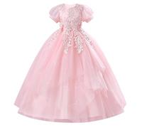 EFOGEP Robe florale brodée à manches courtes en tulle pour fille - Pour mariage, demoiselle d'honneur, anniversaire, première communion, concours - Robe de bal - 5-11 ans