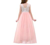 EFOGEP Robe longue en dentelle élégante sans manches avec dos en V pour fille - Pour mariage, demoiselle d'honneur, première communion, anniversaire, concours de beauté, bal de fin d'année, bal de fin