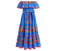 EFOGEP Robe mexicaine pour fille - Robe d'été bohème florale - Épaules dénudées - Traditionnelle Cinco De Mayo Fiesta - Robe folklorique bohème - Robe longue avec ceinture, bleu, 9-10 ans